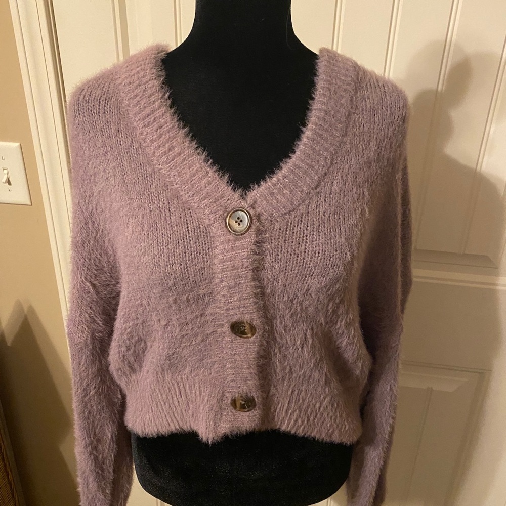 Purple Fuzzy Cropped Cardigan Sweater